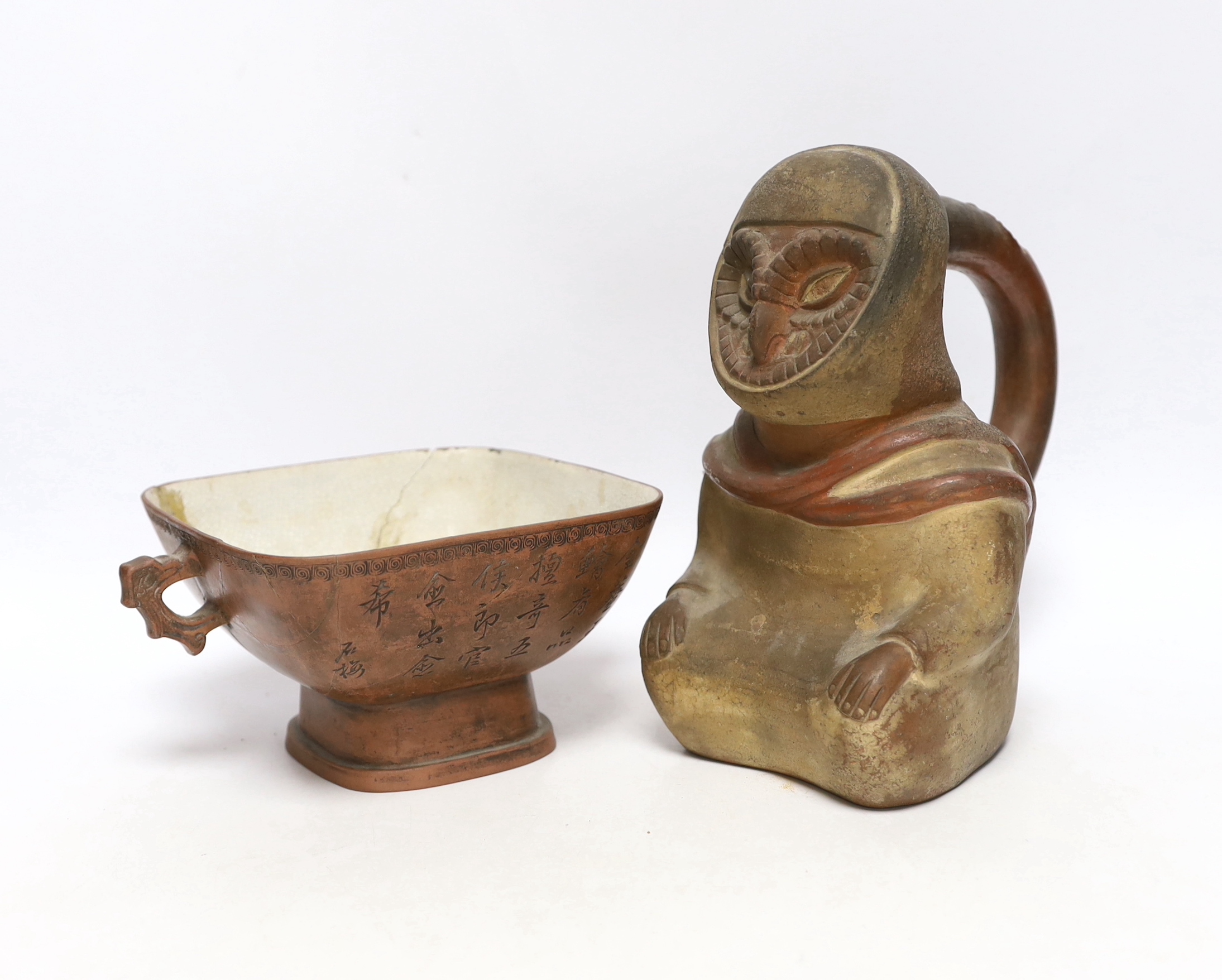 A 19th century Chinese Yixing bowl with character marks and a Peruvian vessel in the form of an owl, largest 22cm high